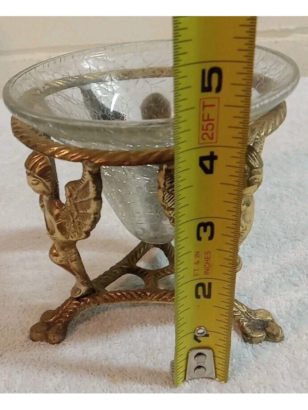 Vintage Clear Solid Brass Angel candle holder 5.25” Tall Crackle Glass Insert